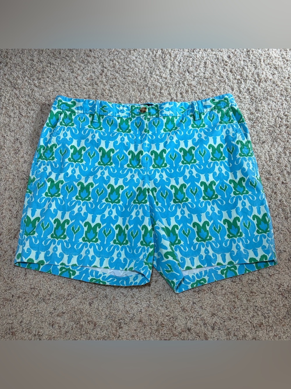Talbots Chino Shorts Womens 14 Blue Green Ikat 7" Inseam Spring Preppy Coastal